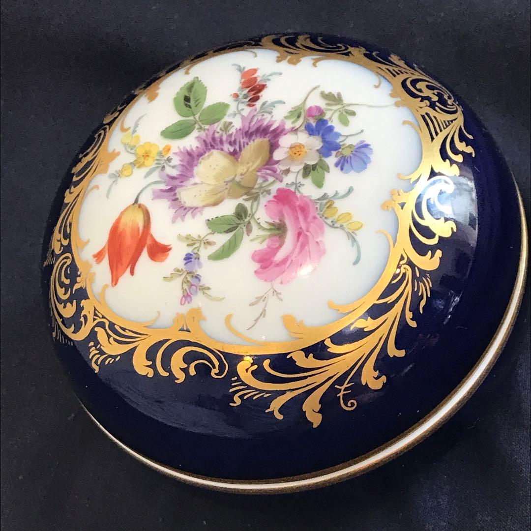 【未使用】マイセン コバルト フラワーブーケ 金彩 花絵 小物入れ 置物 蓋物