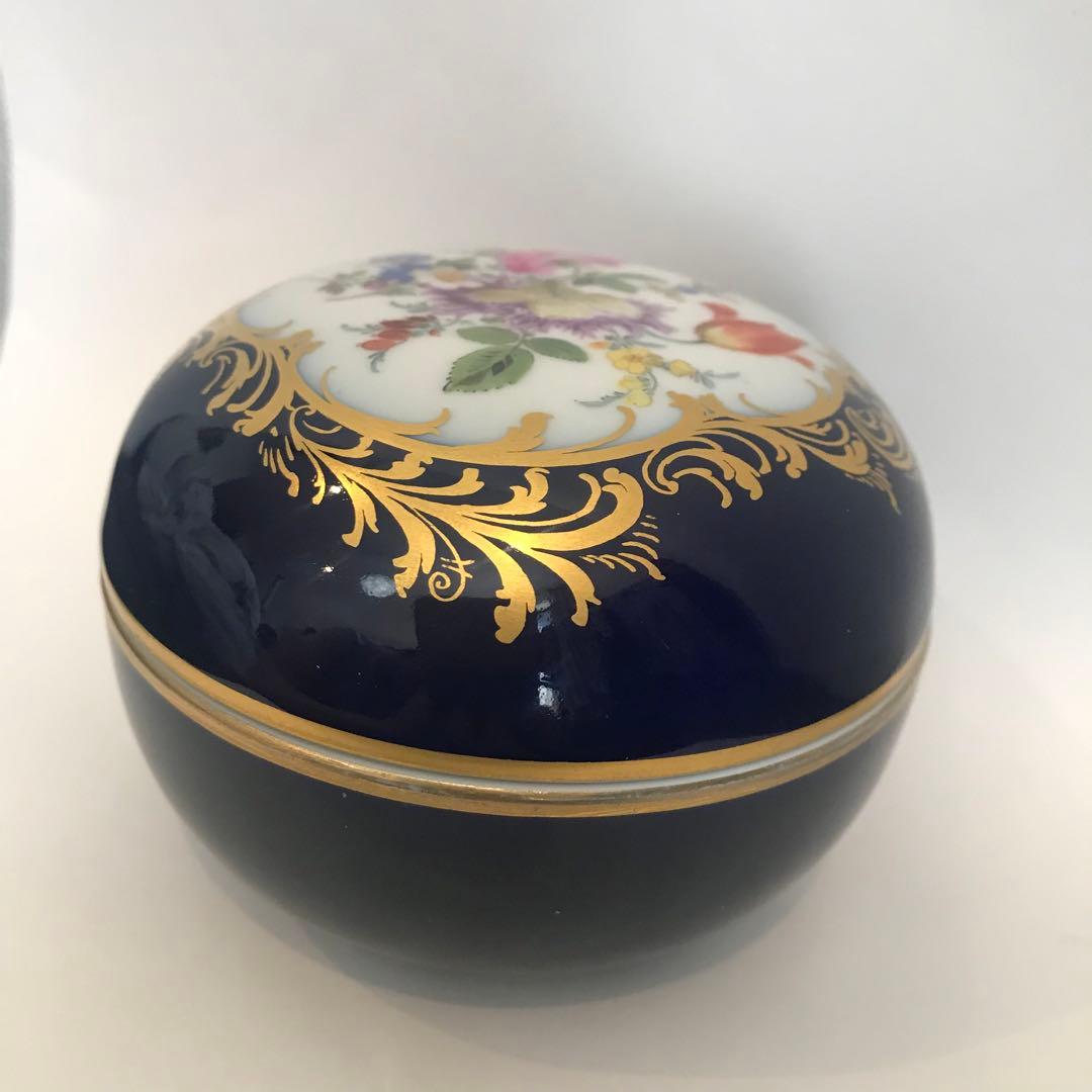 【未使用】マイセン コバルト フラワーブーケ 金彩 花絵 小物入れ 置物 蓋物