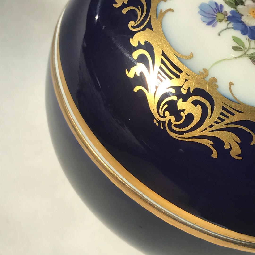 【未使用】マイセン コバルト フラワーブーケ 金彩 花絵 小物入れ 置物 蓋物
