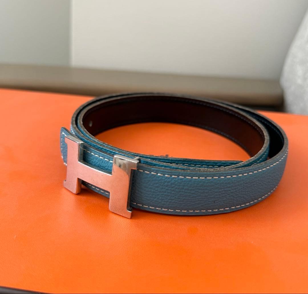 HERMES ブラック ブルー ブラック リバーシブルベルト H字型バックル