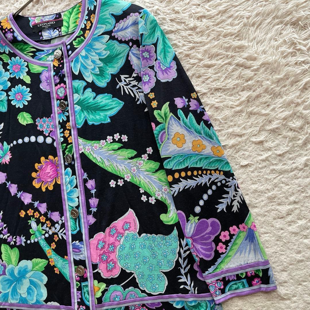 【美品】レオナール カーディガン 花柄 トリム ロゴボタン ウール シルク M