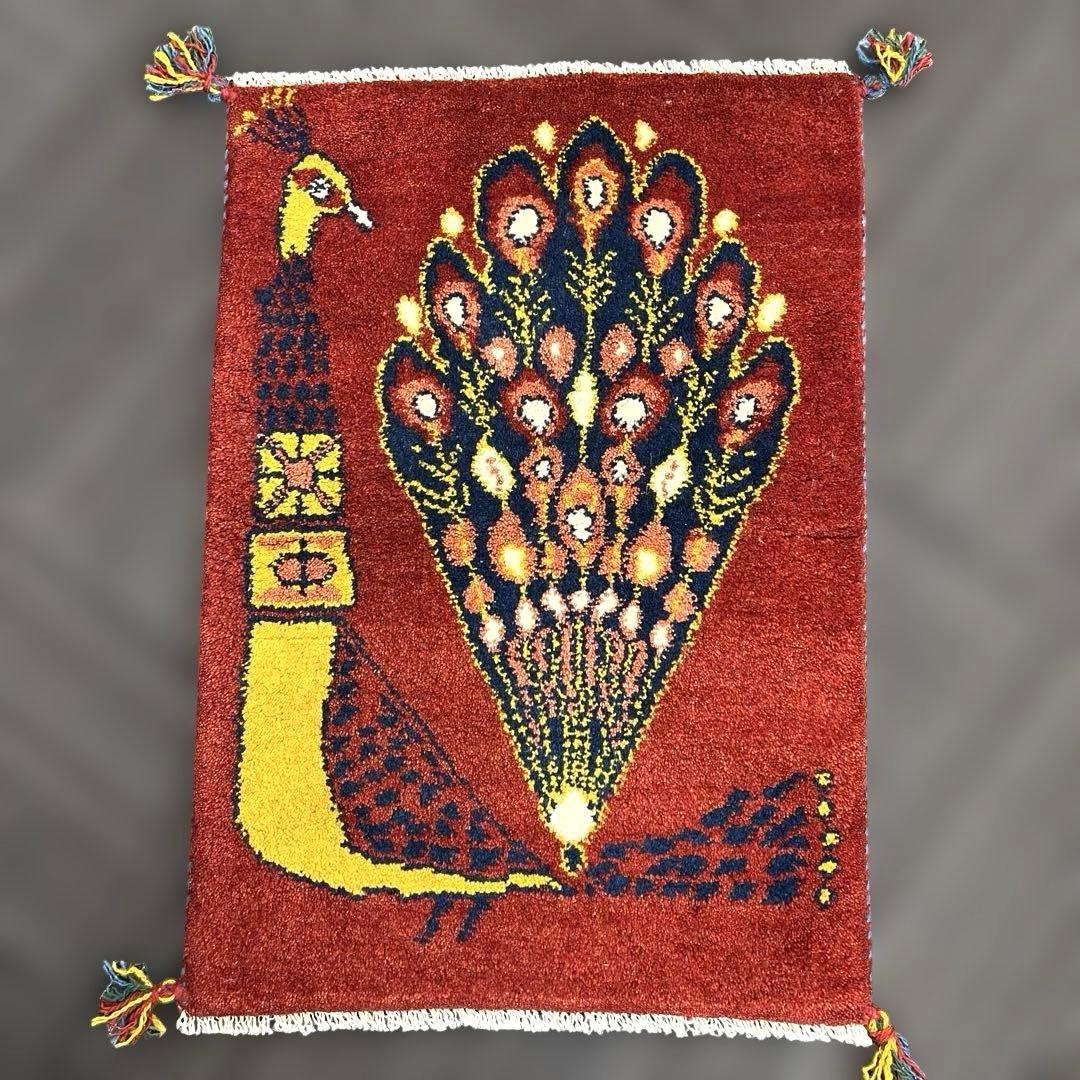 【T】早い者勝ち✨ペルシャ　ギャッベ　玄関マット　ラグ86x58cm　茜色　孔雀