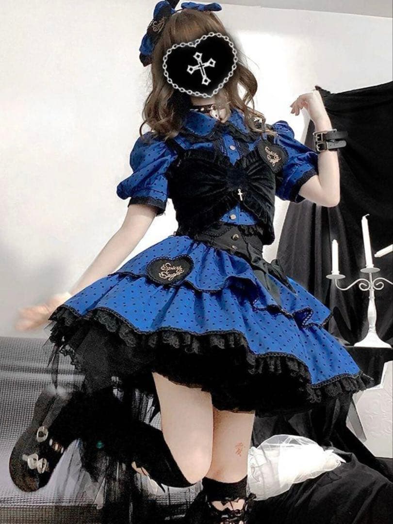 水玉 ビスチェ スカートセット ゴスロリ ロリータ アイドル衣装 青黒