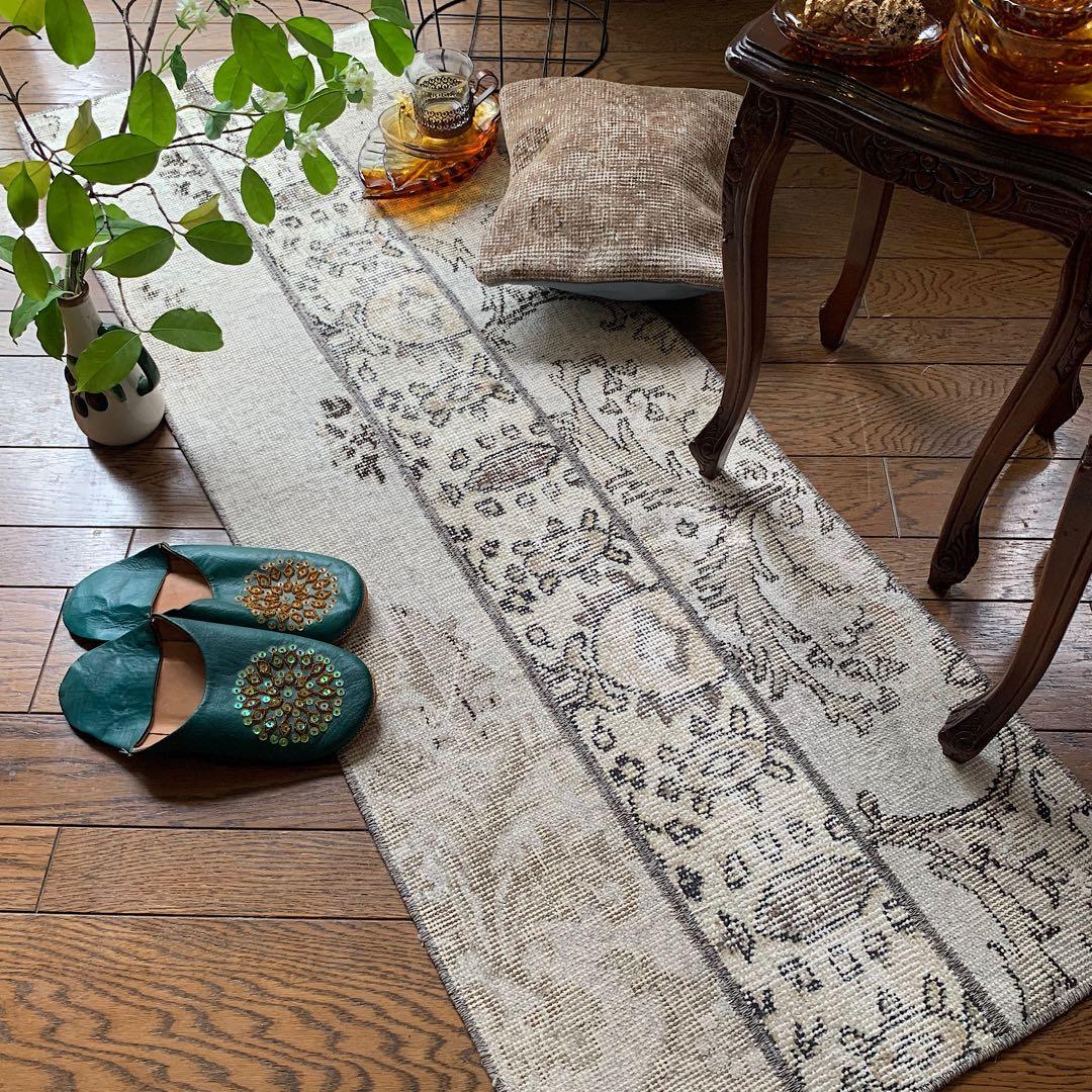 トルコヴィンテージラグ　ランナー　147×51アイボリー　グレージュ　トルコラグ