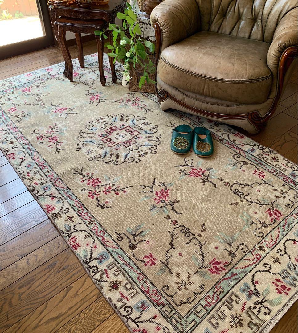 シノワズリ　213×110 トルコヴィンテージラグ　ペールカーキ トルコラグ