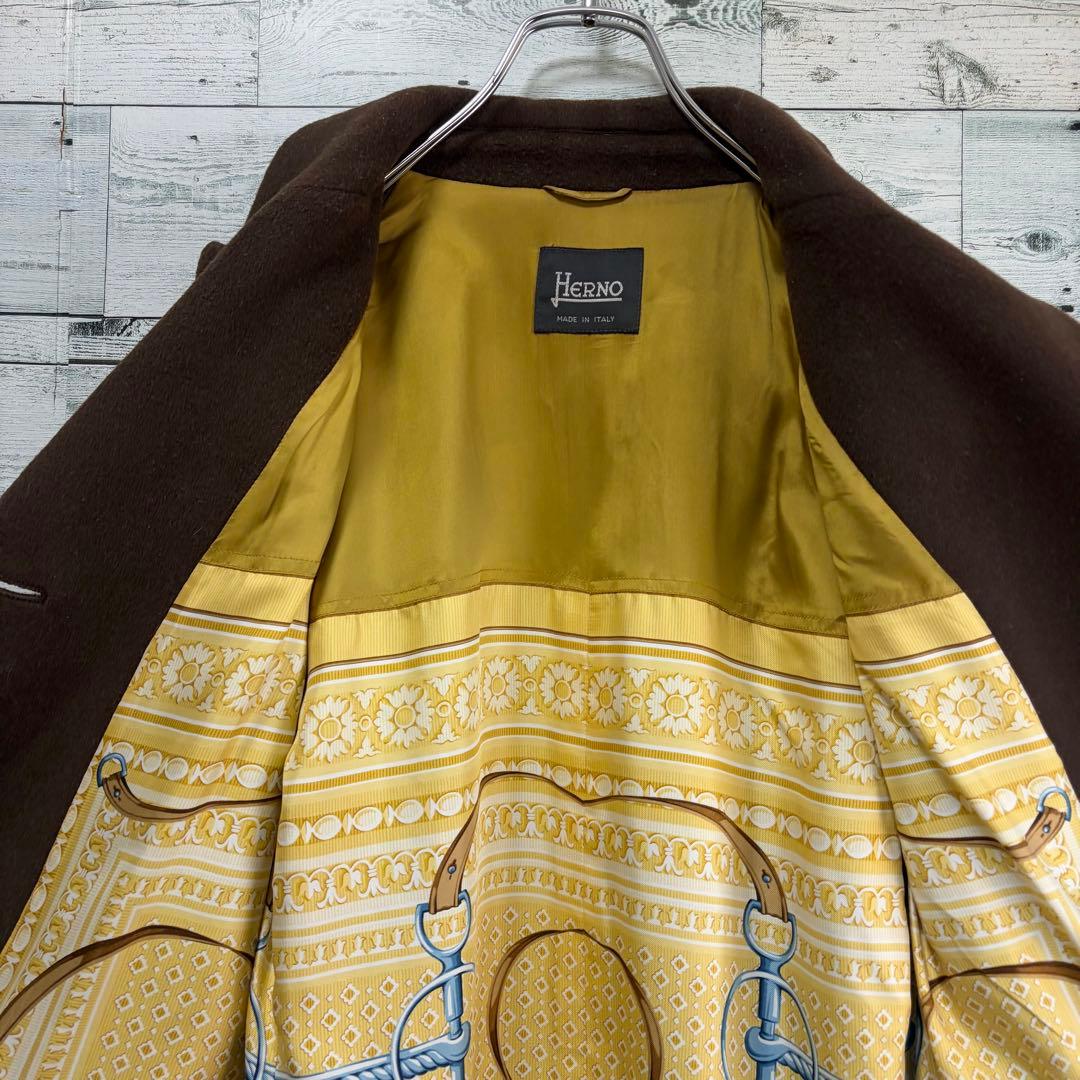 ☆大きいサイズ・XL☆チェスターコート　裏地総柄　羊毛&カシミヤ　ブラウン