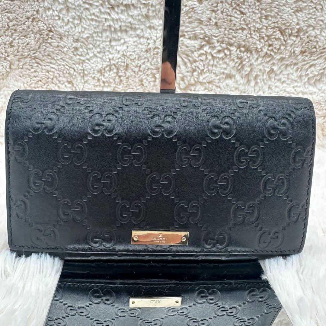 ✨美品✨グッチ　長財布　二つ折り財布　GG柄 ロゴプレート　レザー　黒