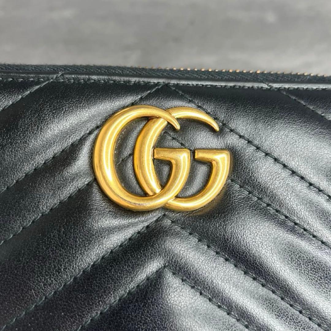 【美品】GUCCI GGマーモント 長財布 ラウンドファスナー キルティング 黒