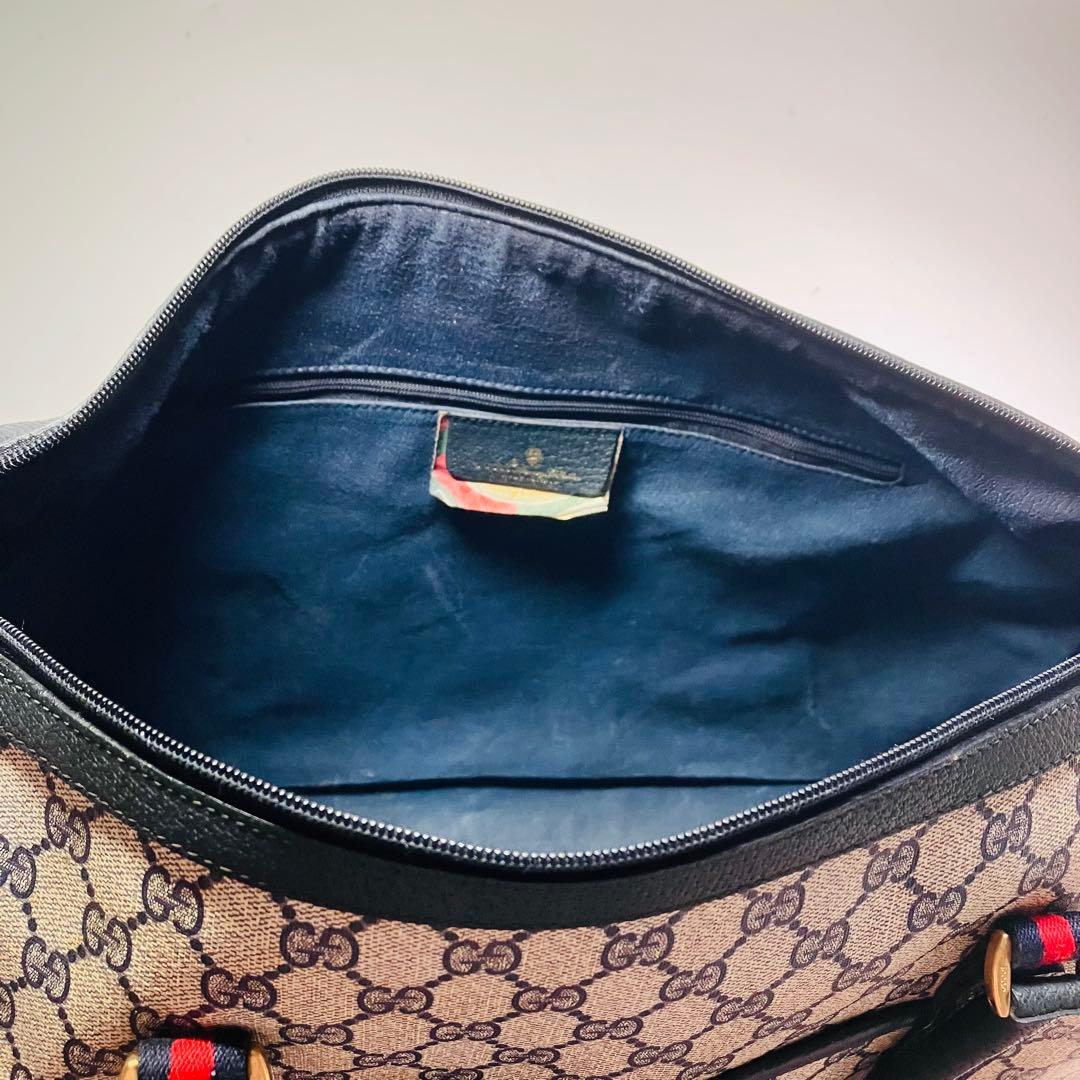 美品　オールドグッチ シェリーライン ボストンバッグ ネイビー レザー A4