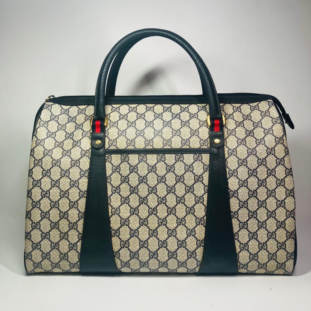 美品　オールドグッチ シェリーライン ボストンバッグ ネイビー レザー A4