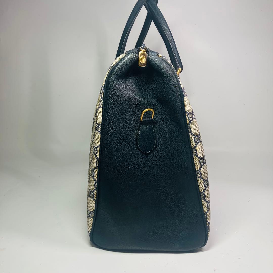 美品　オールドグッチ シェリーライン ボストンバッグ ネイビー レザー A4