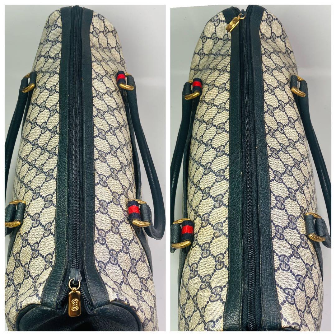 美品　オールドグッチ シェリーライン ボストンバッグ ネイビー レザー A4