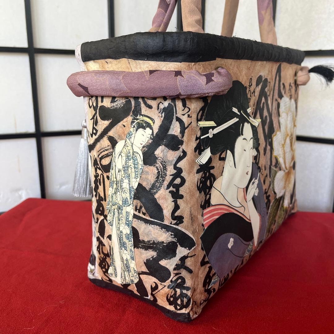 歌麿 浮世絵 美人 一閑張り バッグ かごバッグ ハンドバッグ 正絹 花 特大