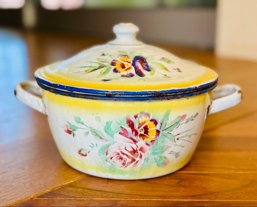 フランスアンティーク ホーロー パンジーの小さなお鍋 イエロー