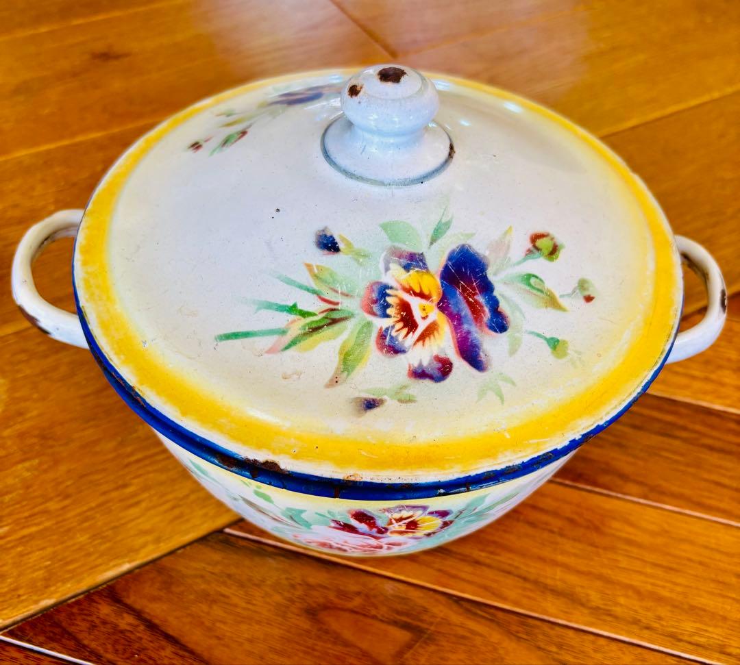 フランスアンティーク ホーロー パンジーの小さなお鍋 イエロー