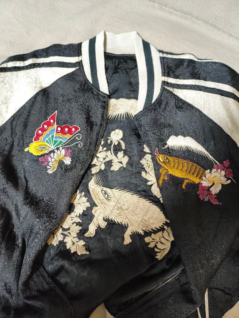 リバーシブル スカジャン刺繍 和柄 猪鹿蝶 花札 メンズ レーヨン