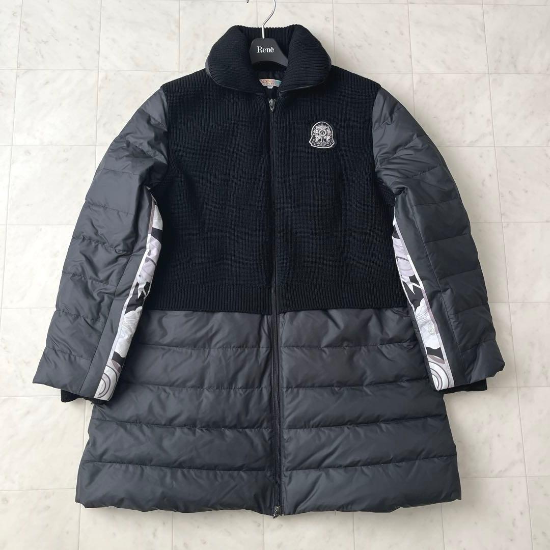 レオナール 大きいサイズ 42 ニット切替 ダウンコート 花柄 トリム 黒