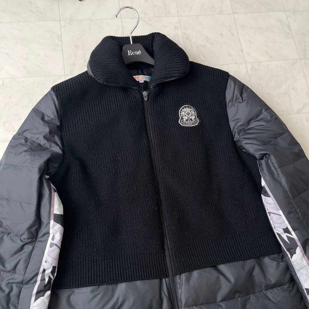 レオナール 大きいサイズ 42 ニット切替 ダウンコート 花柄 トリム 黒