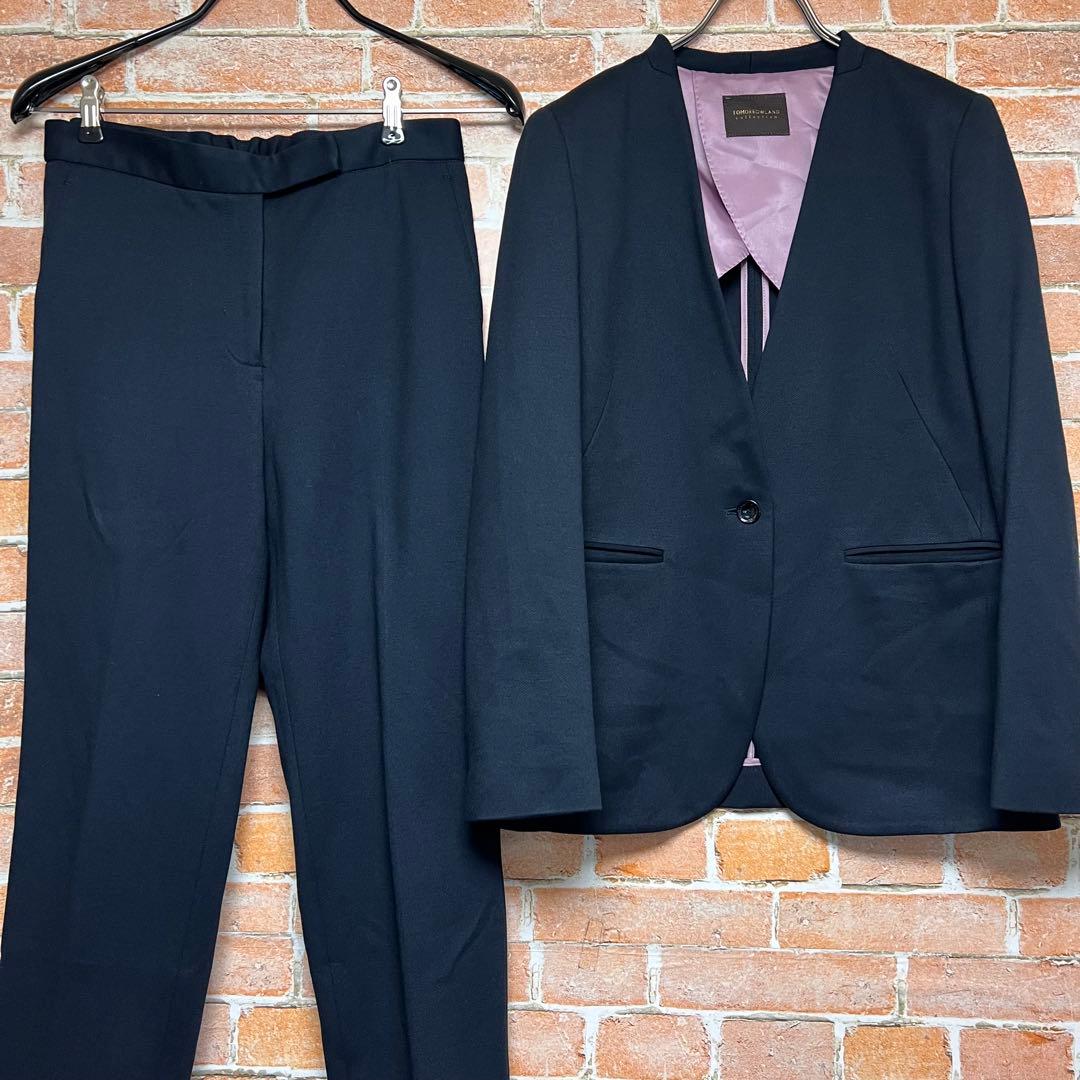 (極美品)トゥモローランドコレクション　ノーカラーパンツスーツセットアップ　紺