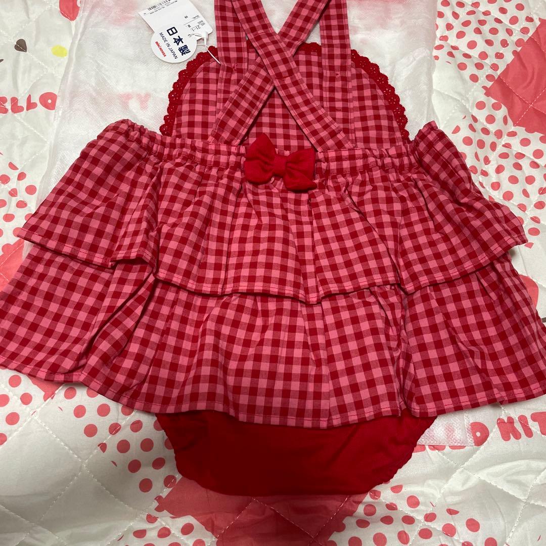 【チエコサク】チェック柄スカート付きロンパース　M(80〜90)