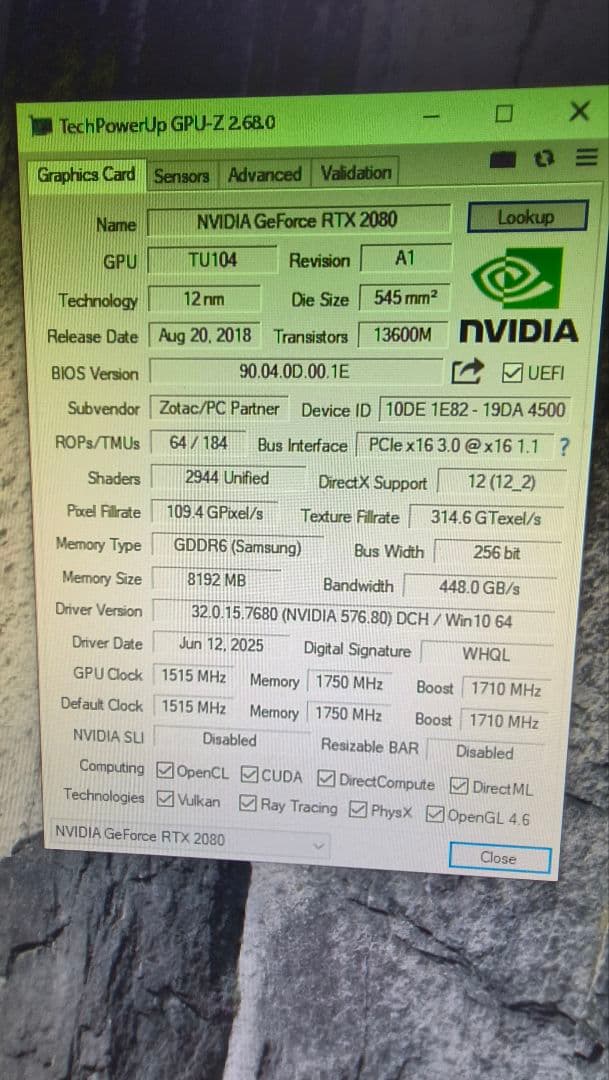 花*子様 ZOTAC RTX 2080 8G 動作確認済み