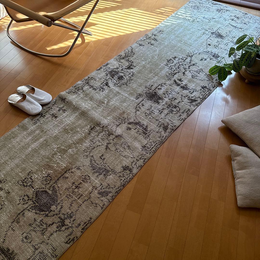 超ロング76.5×310 カーキベージュ　ランナーラグ　トルコヴィンテージラグ