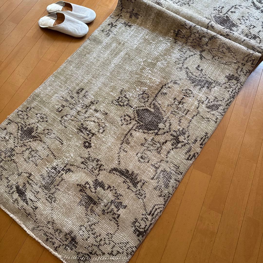 超ロング76.5×310 カーキベージュ　ランナーラグ　トルコヴィンテージラグ