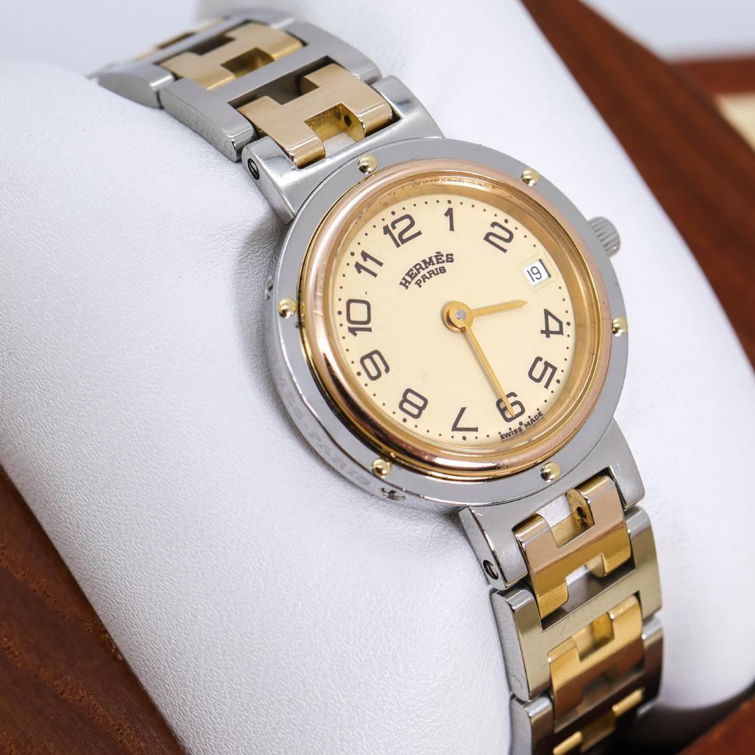 稼働 Hermes クリッパー 腕時計 ゴールド コンビ Hベルト 2718a