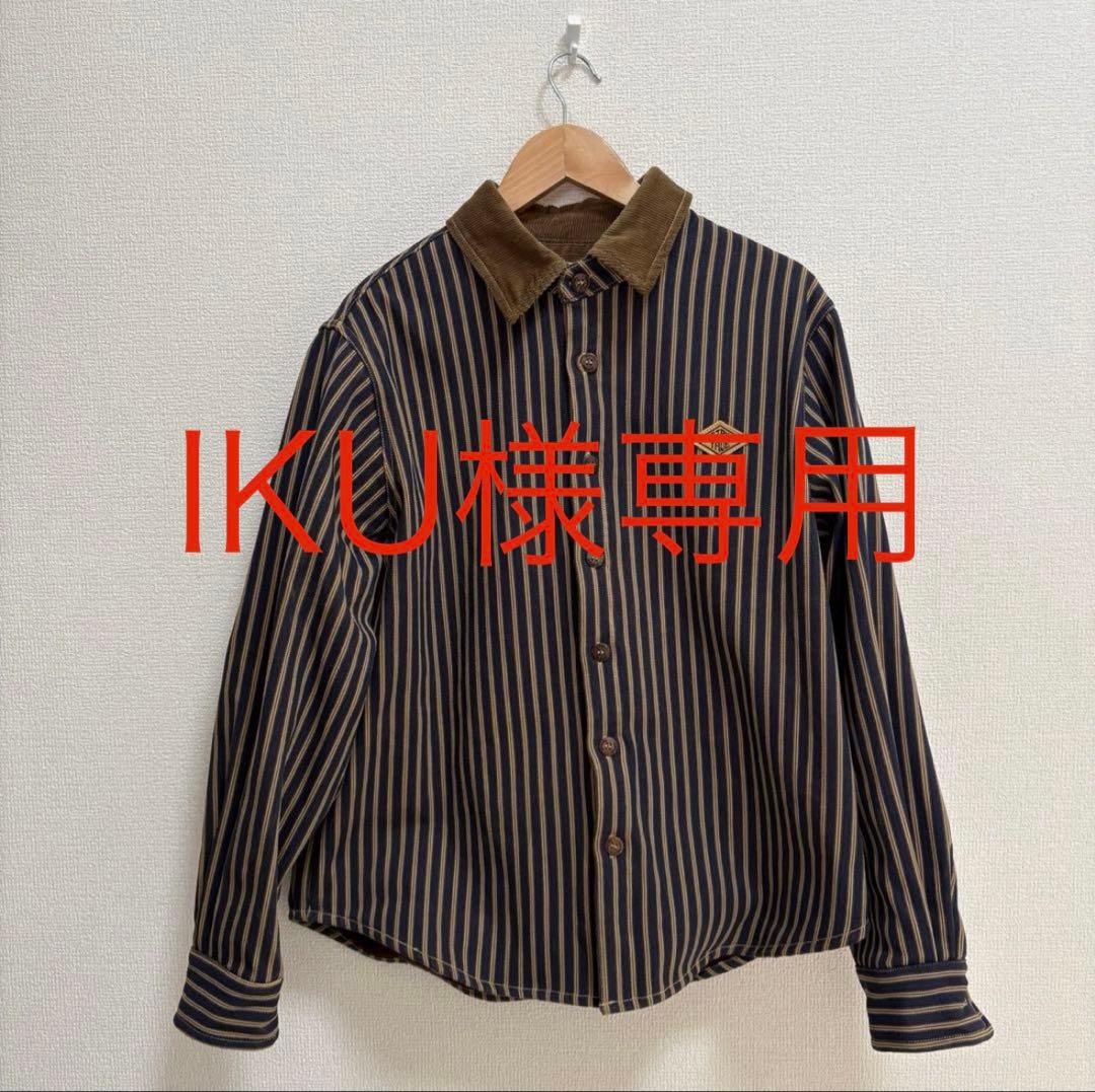 karaku 刺繍ワッペン　コーデュロイ切替裏フリースストライプシャツ