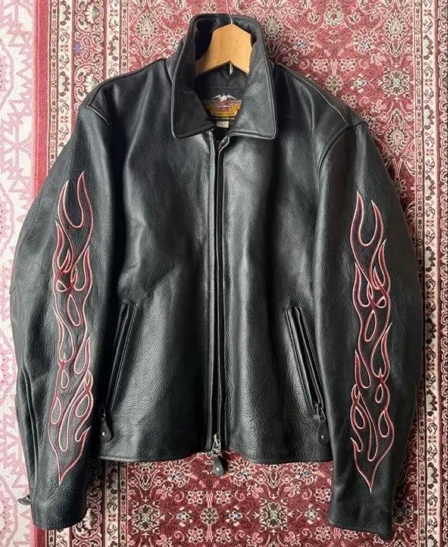 【激レア】　ハーレー革ジャン　ファイヤーパターン レザージャケット刺繍 L 黒