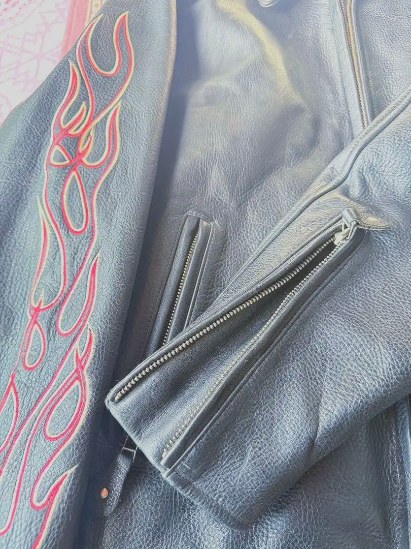 【激レア】　ハーレー革ジャン　ファイヤーパターン レザージャケット刺繍 L 黒