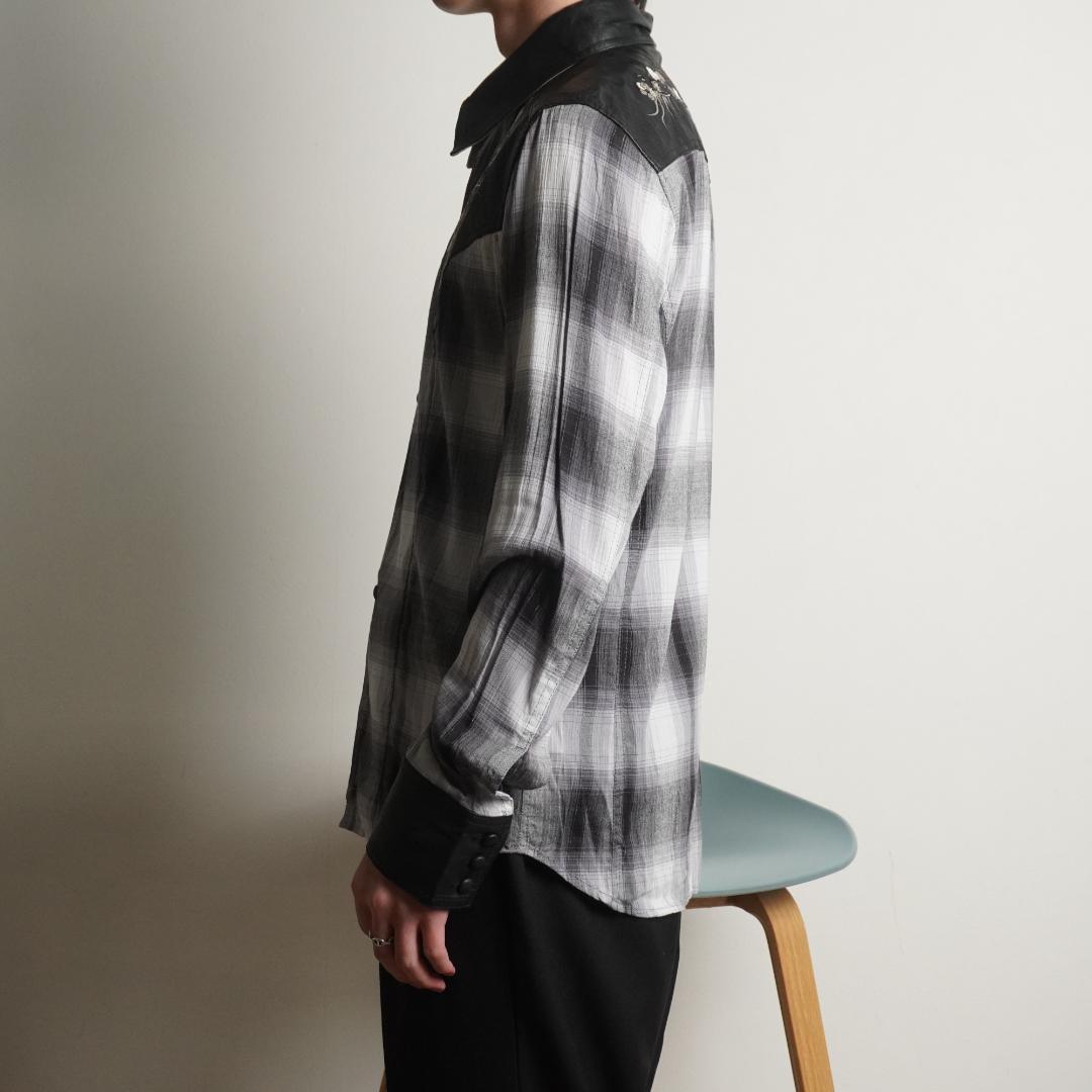 Roen チェック柄 鹿革レザー切替シャツ スカル刺繍 グレー/FZ52