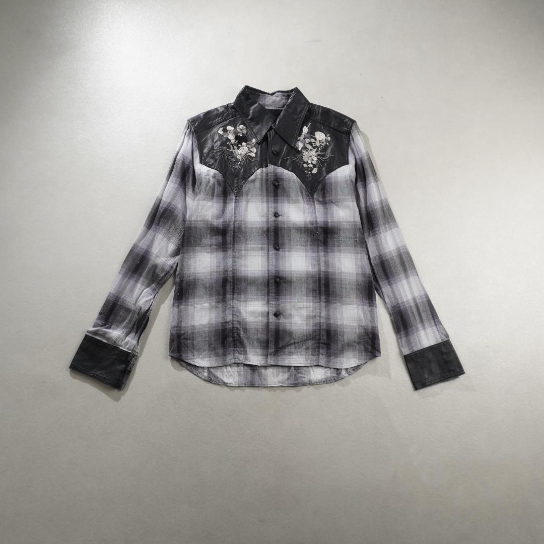 Roen チェック柄 鹿革レザー切替シャツ スカル刺繍 グレー/FZ52