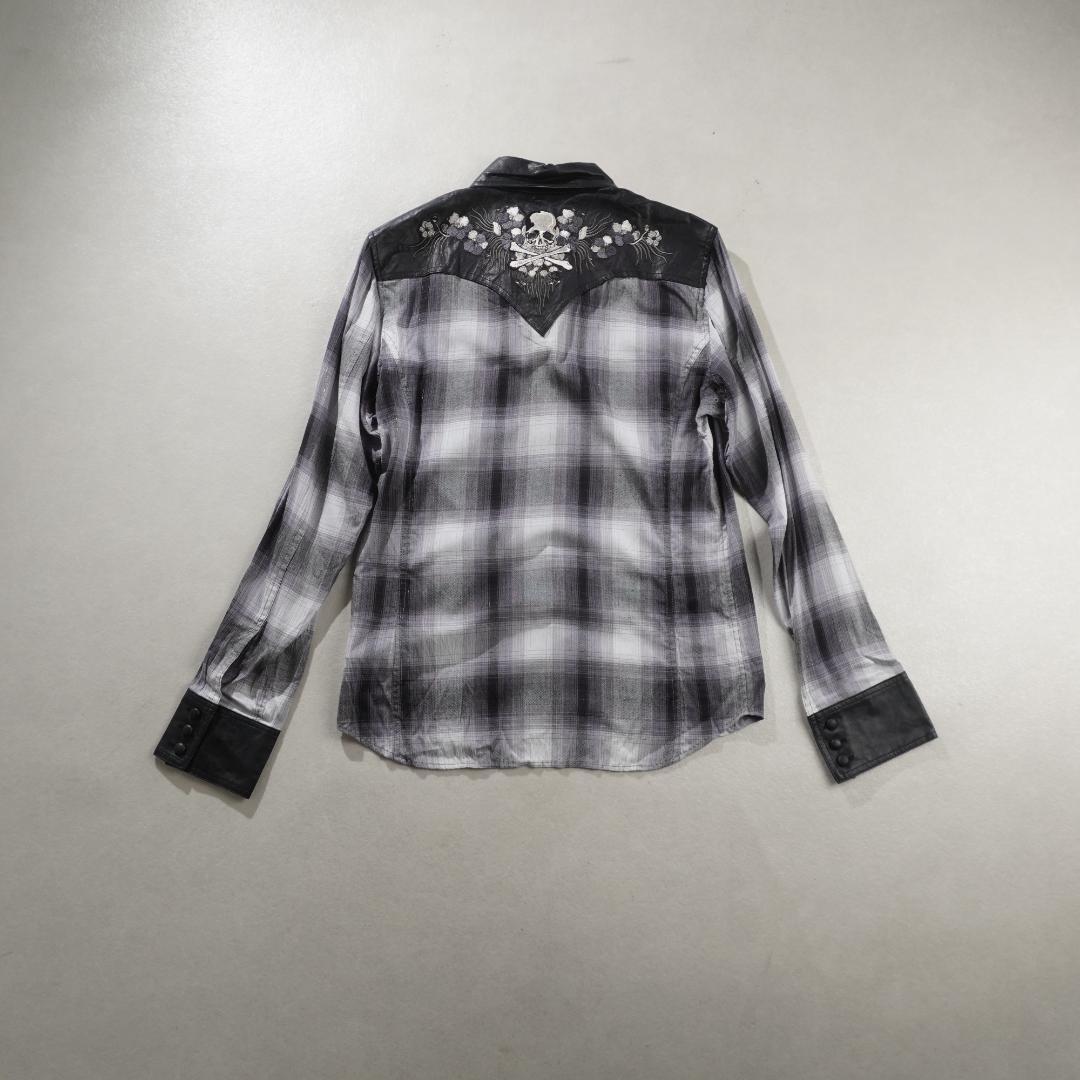 Roen チェック柄 鹿革レザー切替シャツ スカル刺繍 グレー/FZ52