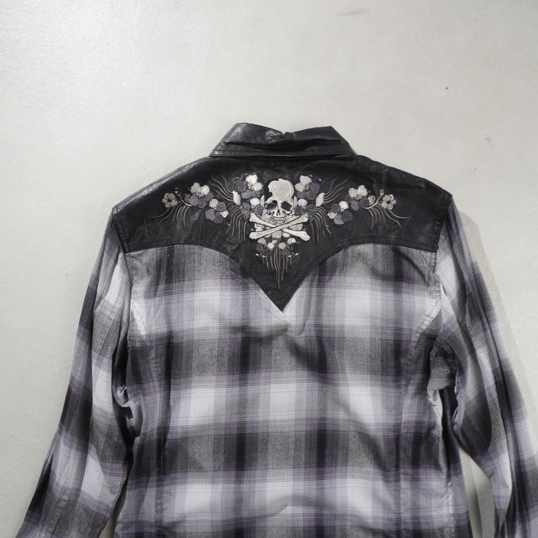 Roen チェック柄 鹿革レザー切替シャツ スカル刺繍 グレー/FZ52