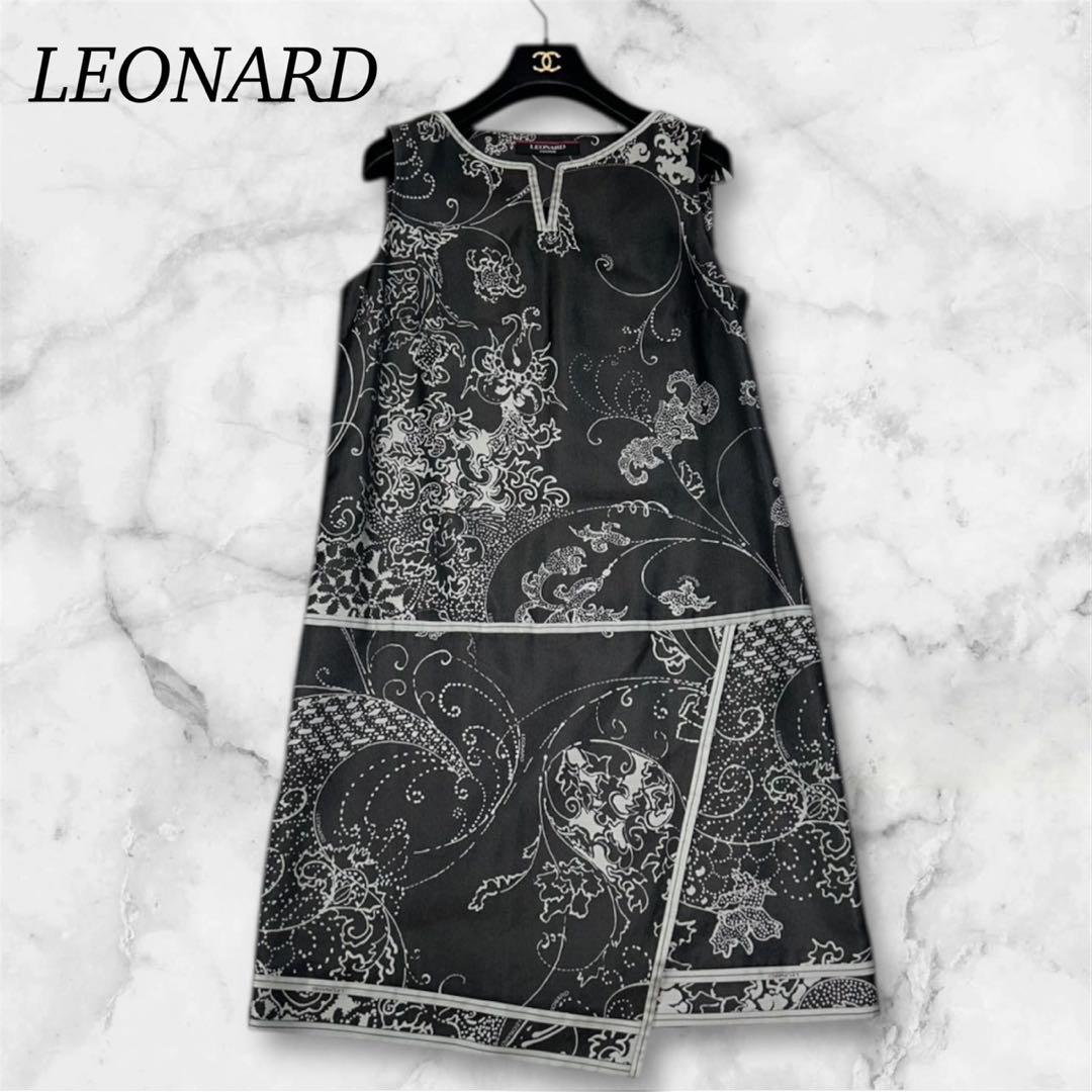 K667 美品 M レオナール シルク混 ひざ丈ワンピース ブラック レディース