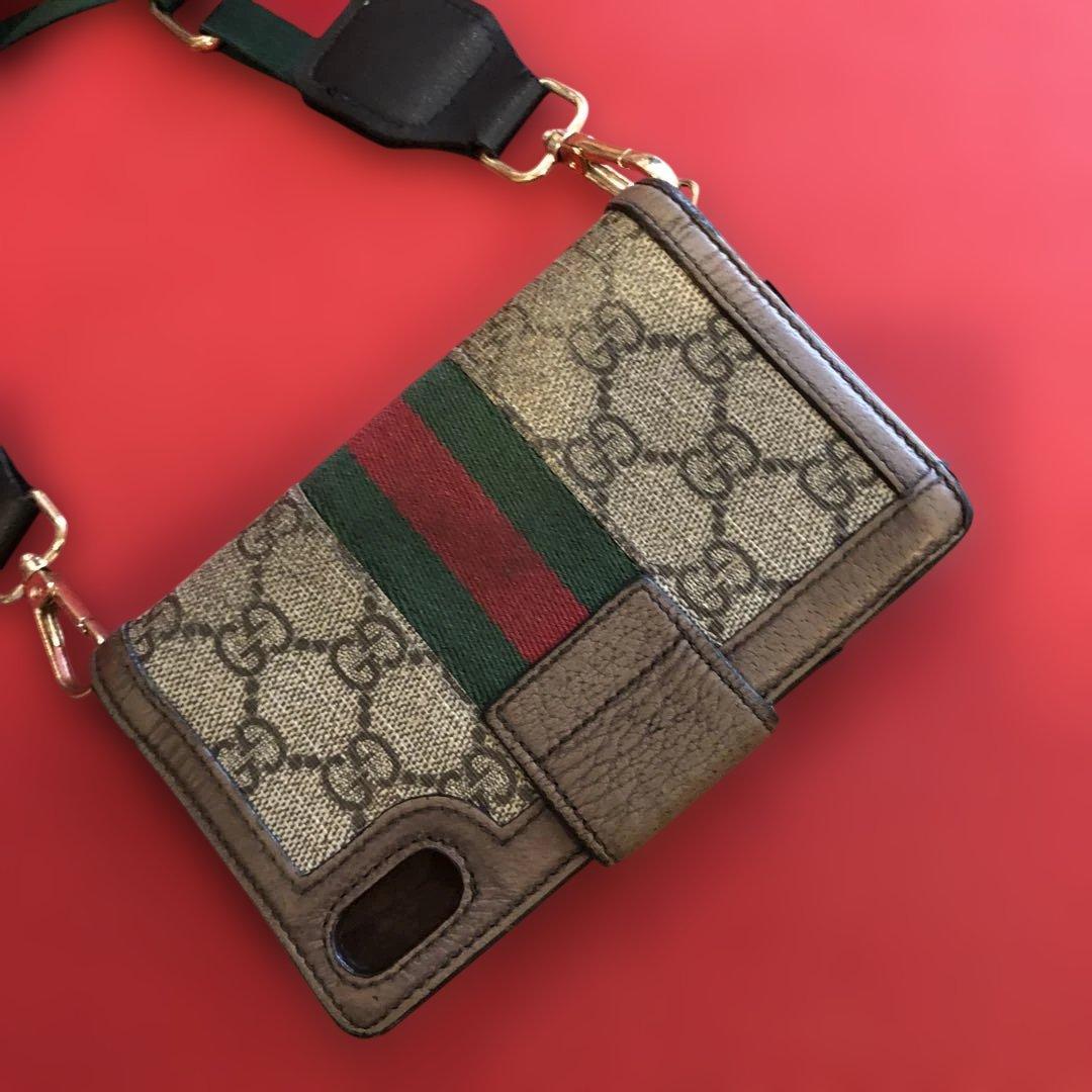 グッチGUCCI スマホケース本物iPhone x xs 希少　社外ストラップ