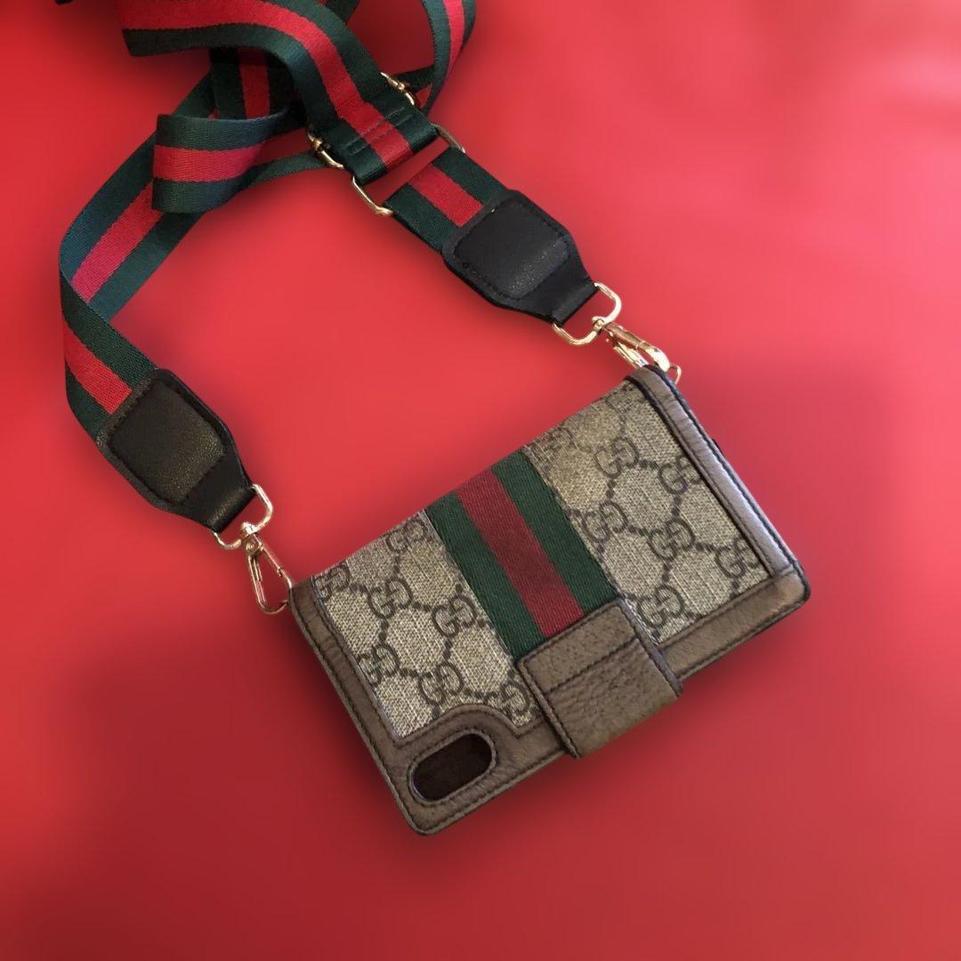グッチGUCCI スマホケース本物iPhone x xs 希少　社外ストラップ