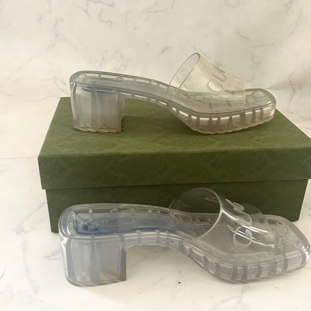 GUCCI クリア エンボスロゴ チャンキーヒール サンダル 39 保存袋 箱付