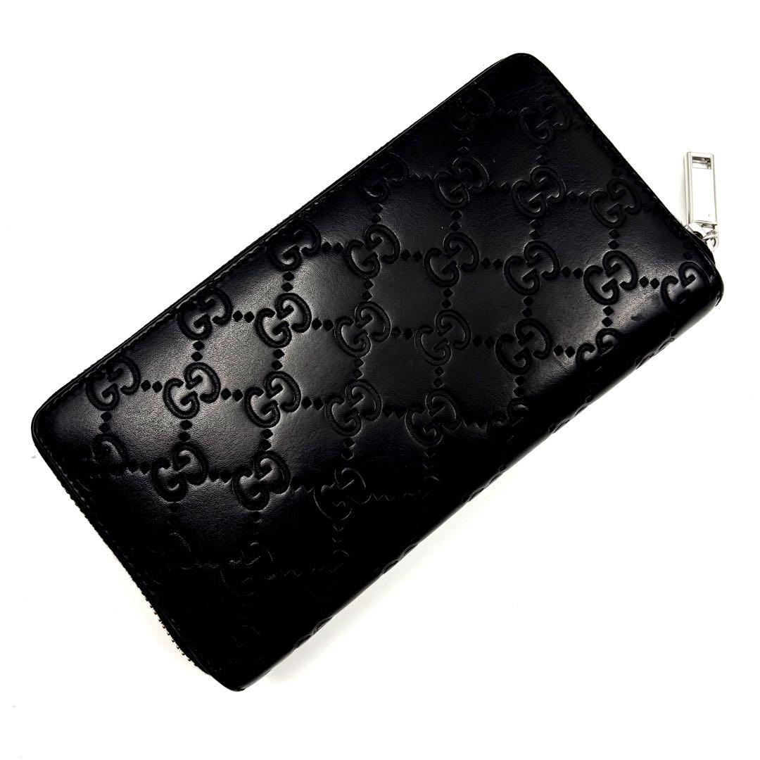 美品　グッチ　長財布　シマレザー　GG柄　ラウンドファスナー　ブラック　黒　箱付