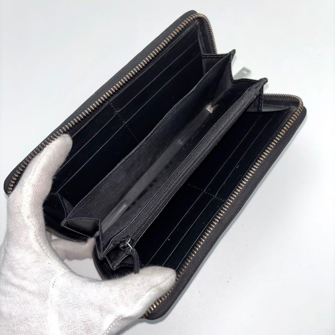 美品　グッチ　長財布　シマレザー　GG柄　ラウンドファスナー　ブラック　黒　箱付