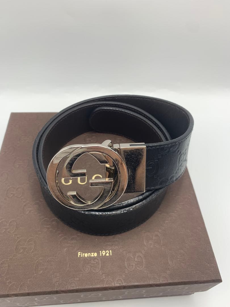 GUCCI グッチ シマ GG柄 リバーシブル ベルト バックルブラック レザー