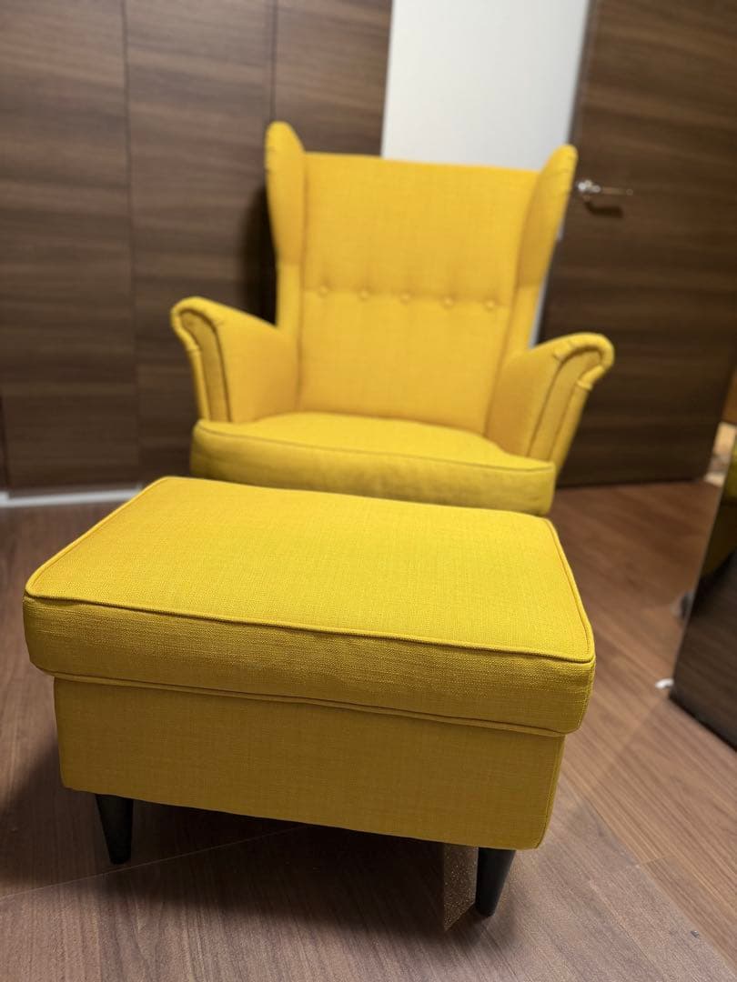 HM0812IKEA ストランドモン イエロー ウィングチェアオットマン付