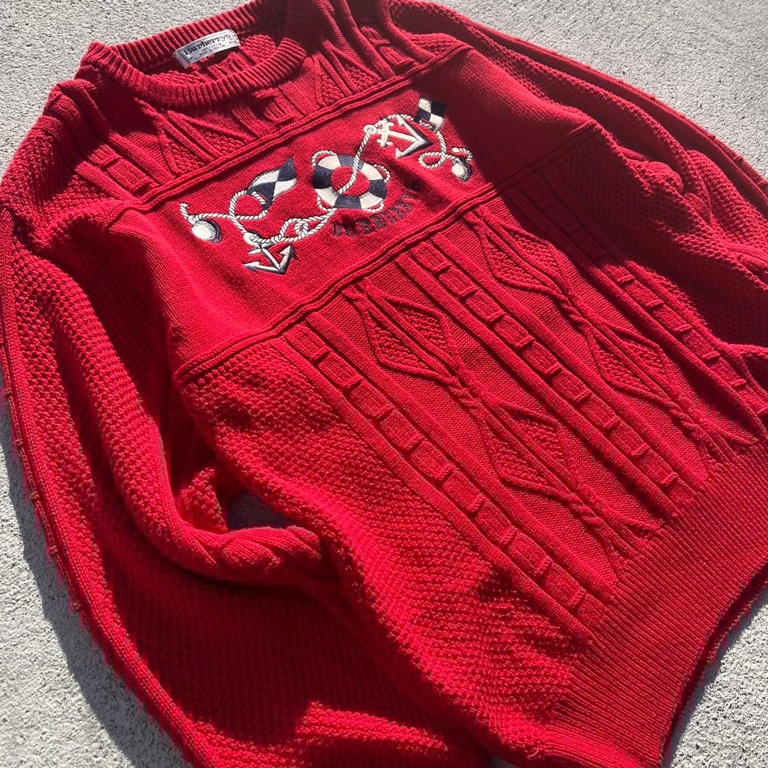 Burberry バーバリー　刺繍ナロゴ ケーブル編みニットセーター　90s 赤