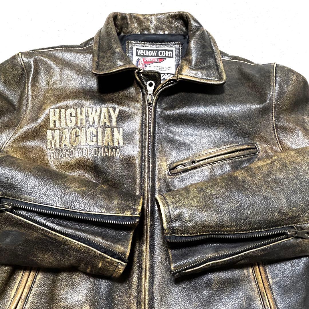 YeLLOW CORN シングルライダース 金刺繍 ロゴ ワッペン ブラウン L