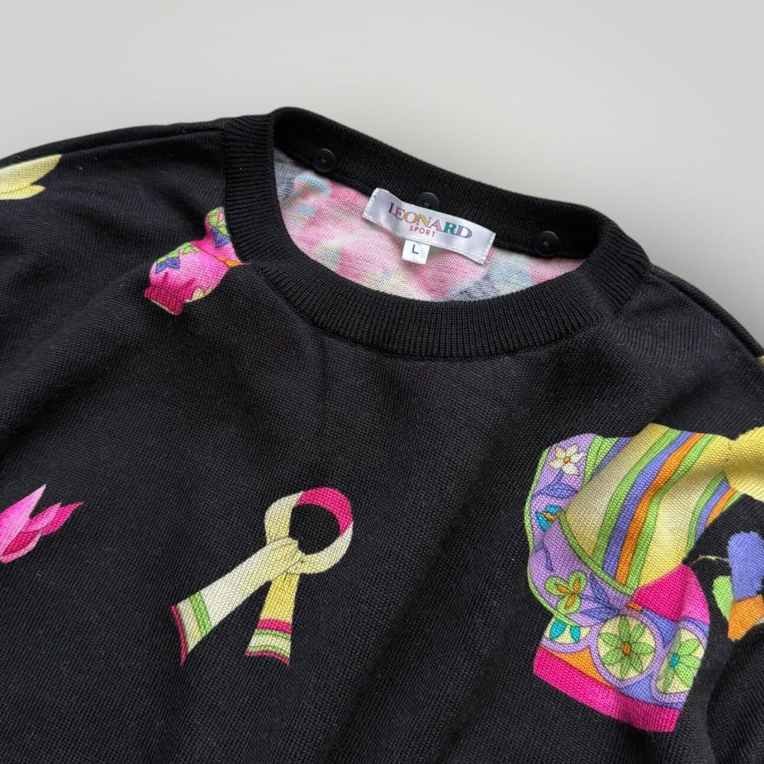 美品☆LEONARD ニット トップス 2way トリム 花柄 総柄 黒 L
