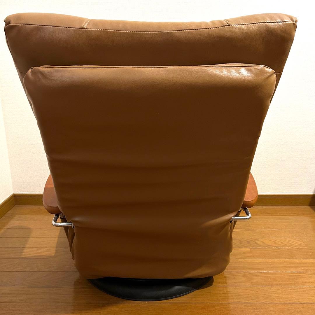 日本製 座椅子リクライニング　木肘スーパーソフトレザー360度回転 　蓮