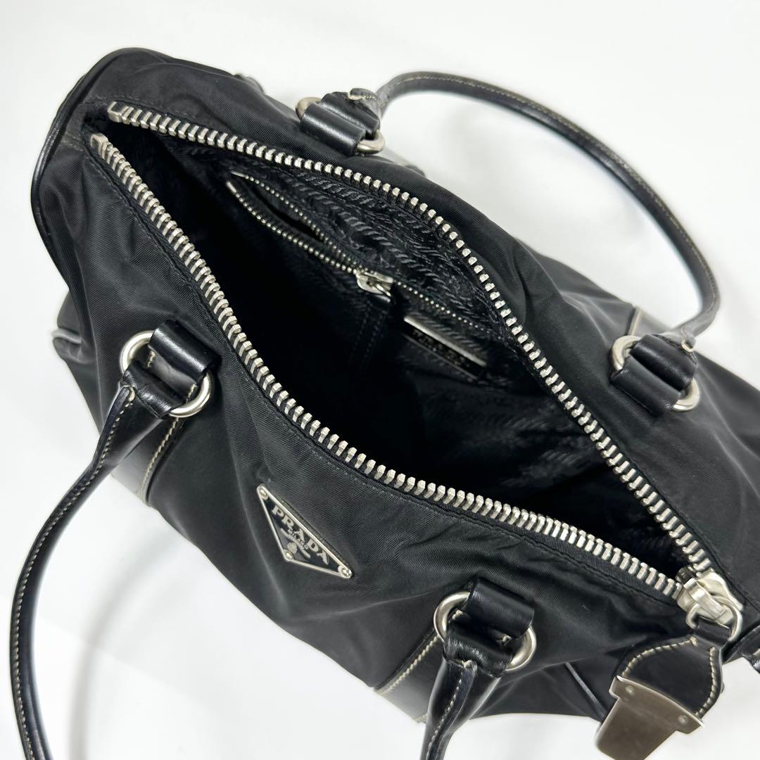 美品 PRADA ナイロンレザー ミニボストンバッグ 3角ロゴ ブラック