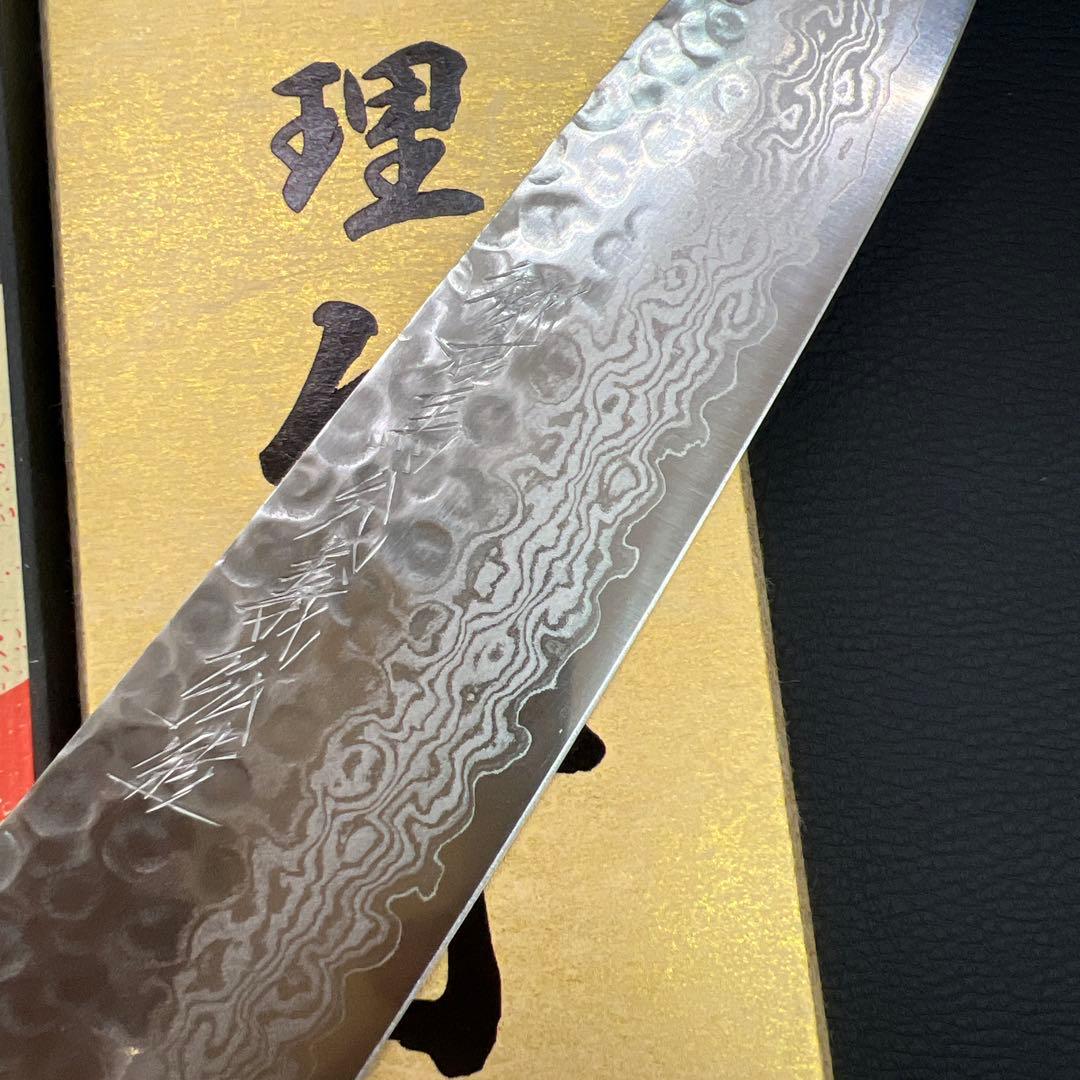 ★新品送料込郷右馬允義弘造鎚目ダマスカス牛刀包丁180mm口金付マホガニー柄