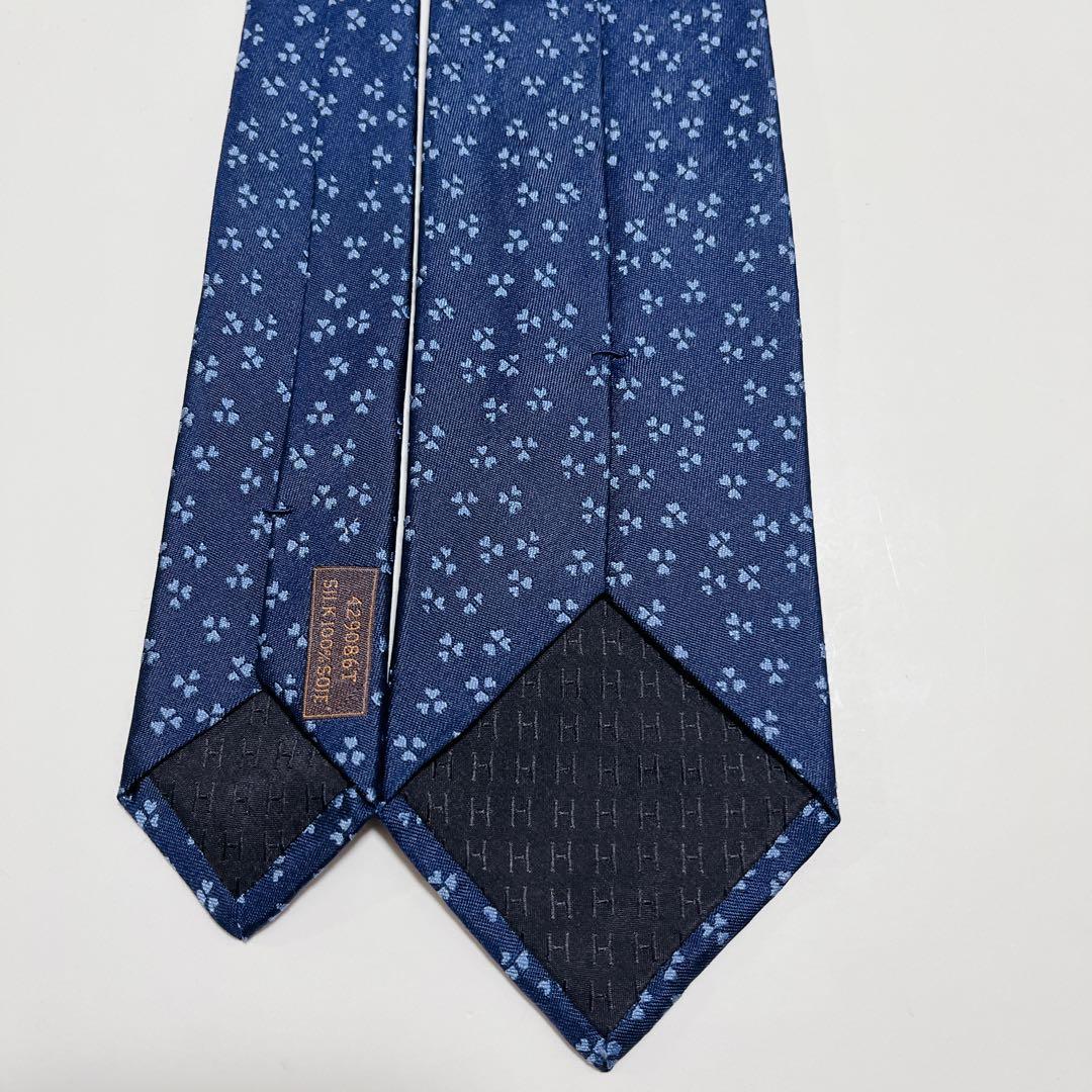美品 エルメス ネクタイ ハイブランド ハート柄 光沢 ジャガード織り 希少 紺